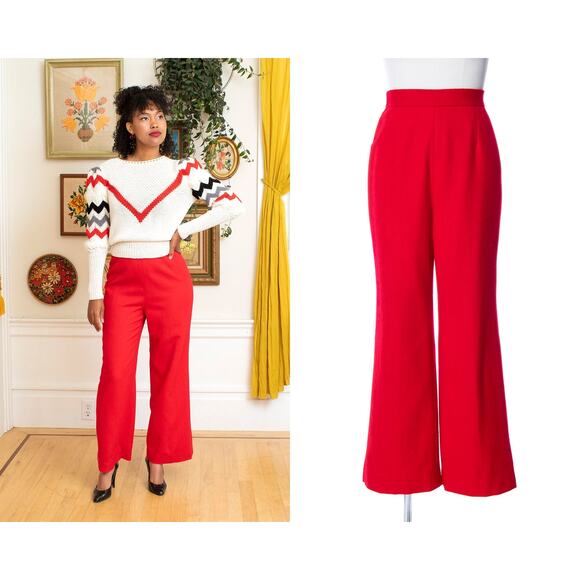 Vintage 1970s Pants 70s Red Wool High Waisted Rise Flared Retro Dress Trousers - Picture 1 of 7